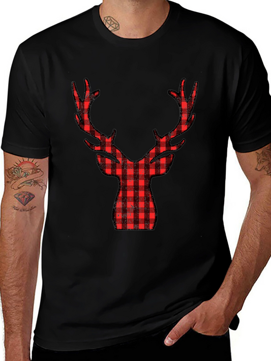 Plaid Reindeer Graphic Tee - Black Cotton Shirt