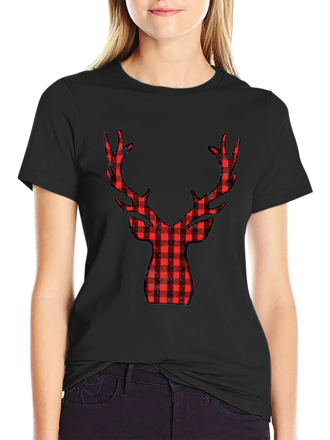 Plaid Reindeer Graphic Tee - Black Cotton Shirt