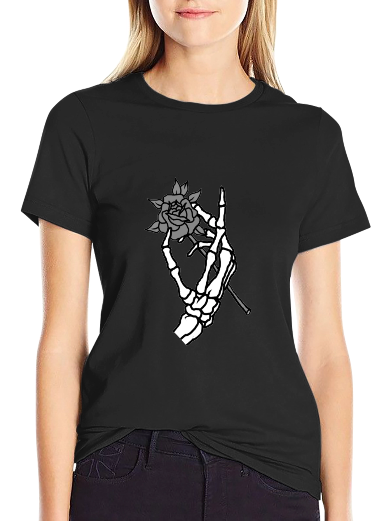Skeleton Hand Rose Graphic Tee - Black