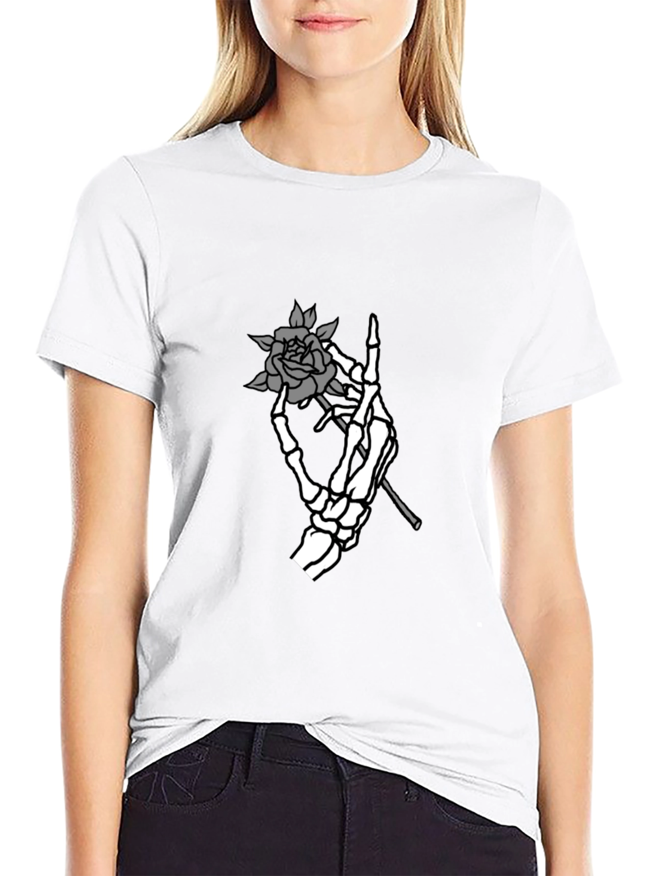 Skeleton Hand Rose Graphic Tee - Black