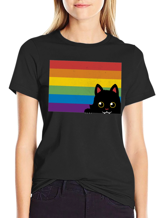 Rainbow Cat Graphic Tee - Black Cotton Comfort