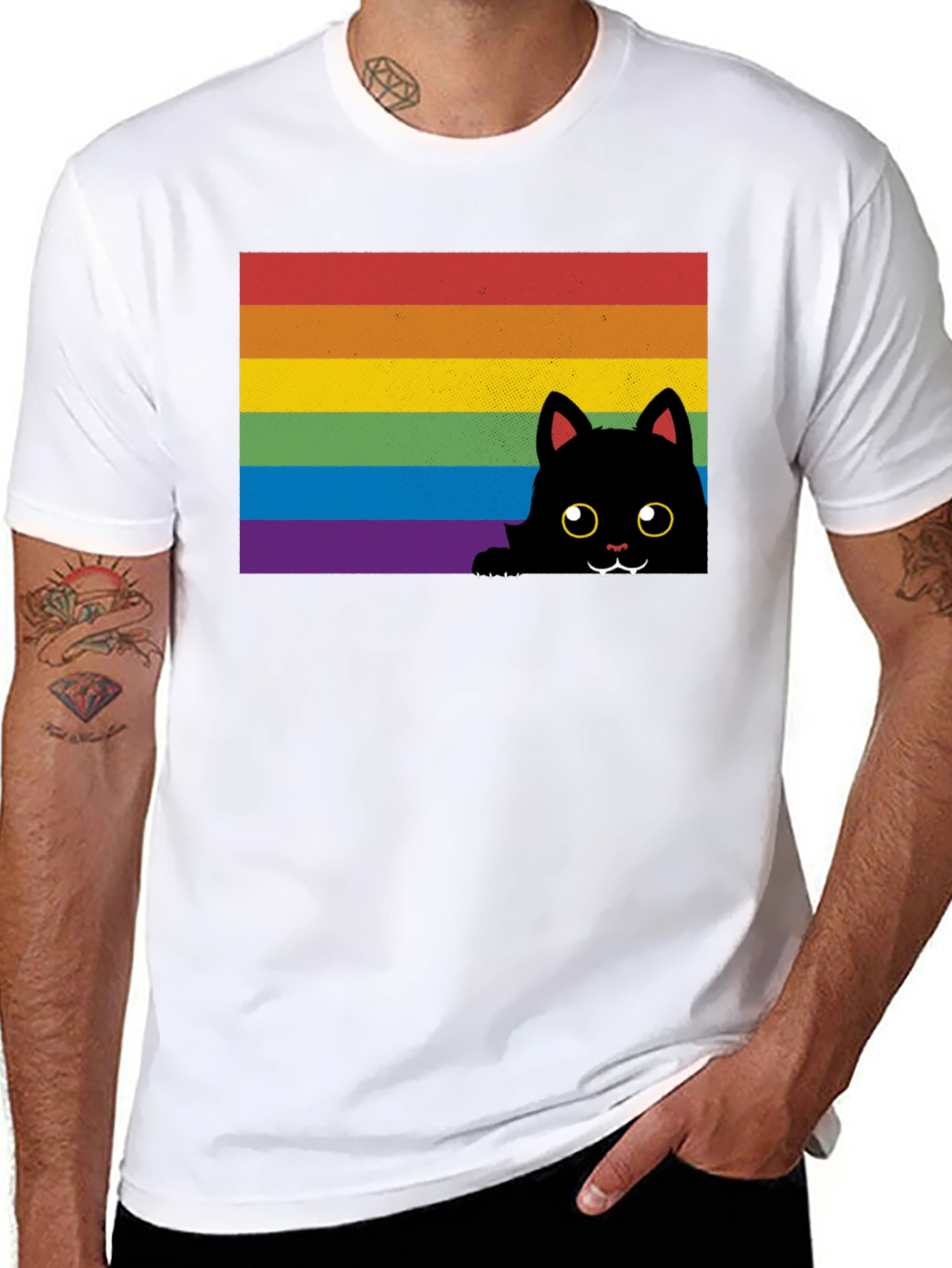 Rainbow Cat Graphic Tee - Black Cotton Comfort