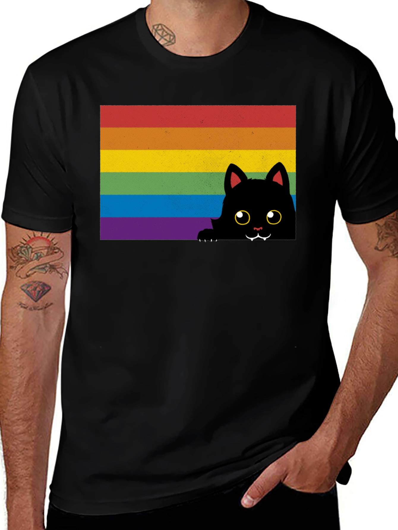 Rainbow Cat Graphic Tee - Black Cotton Comfort