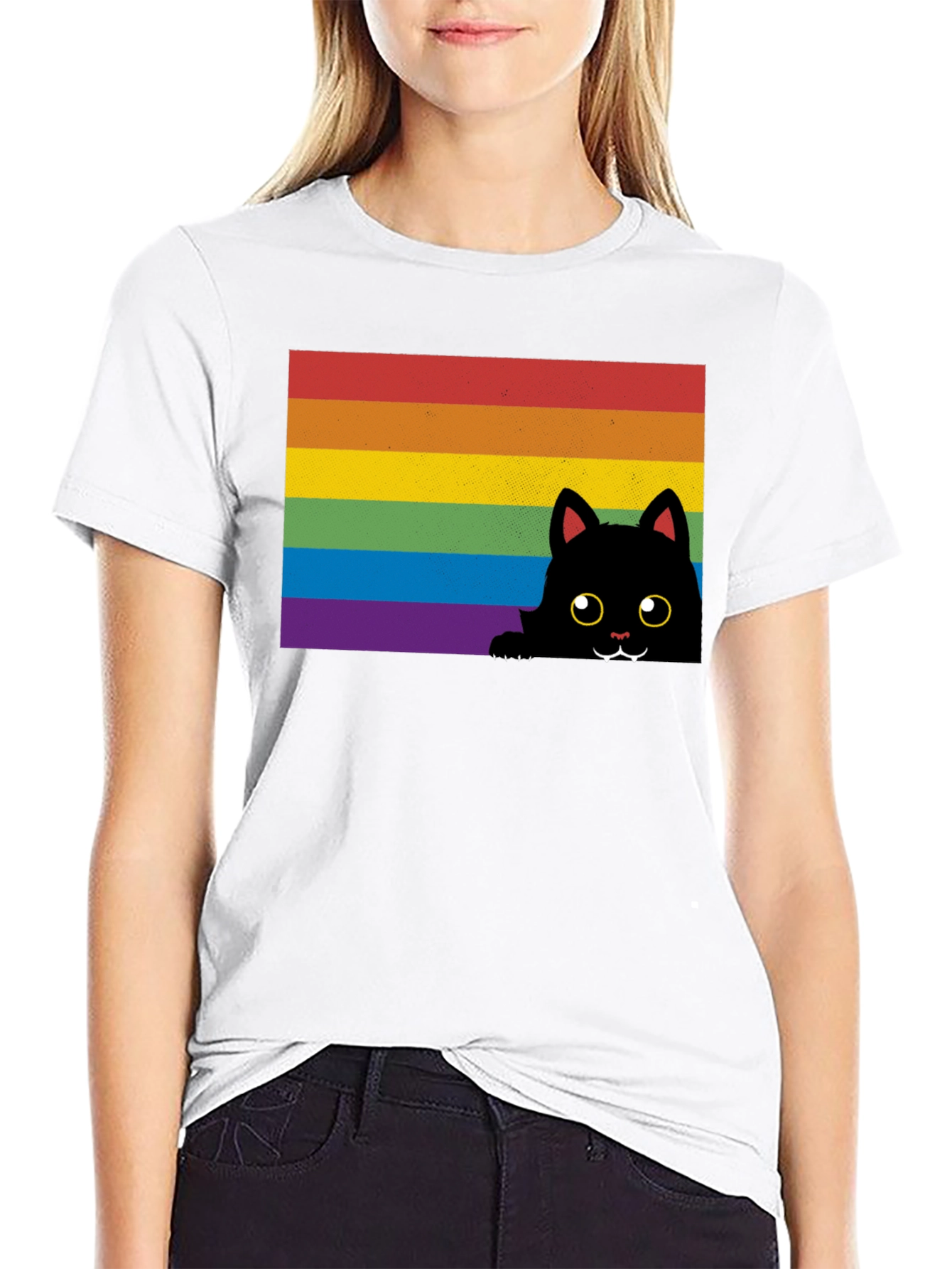 Rainbow Cat Graphic Tee - Black Cotton Comfort