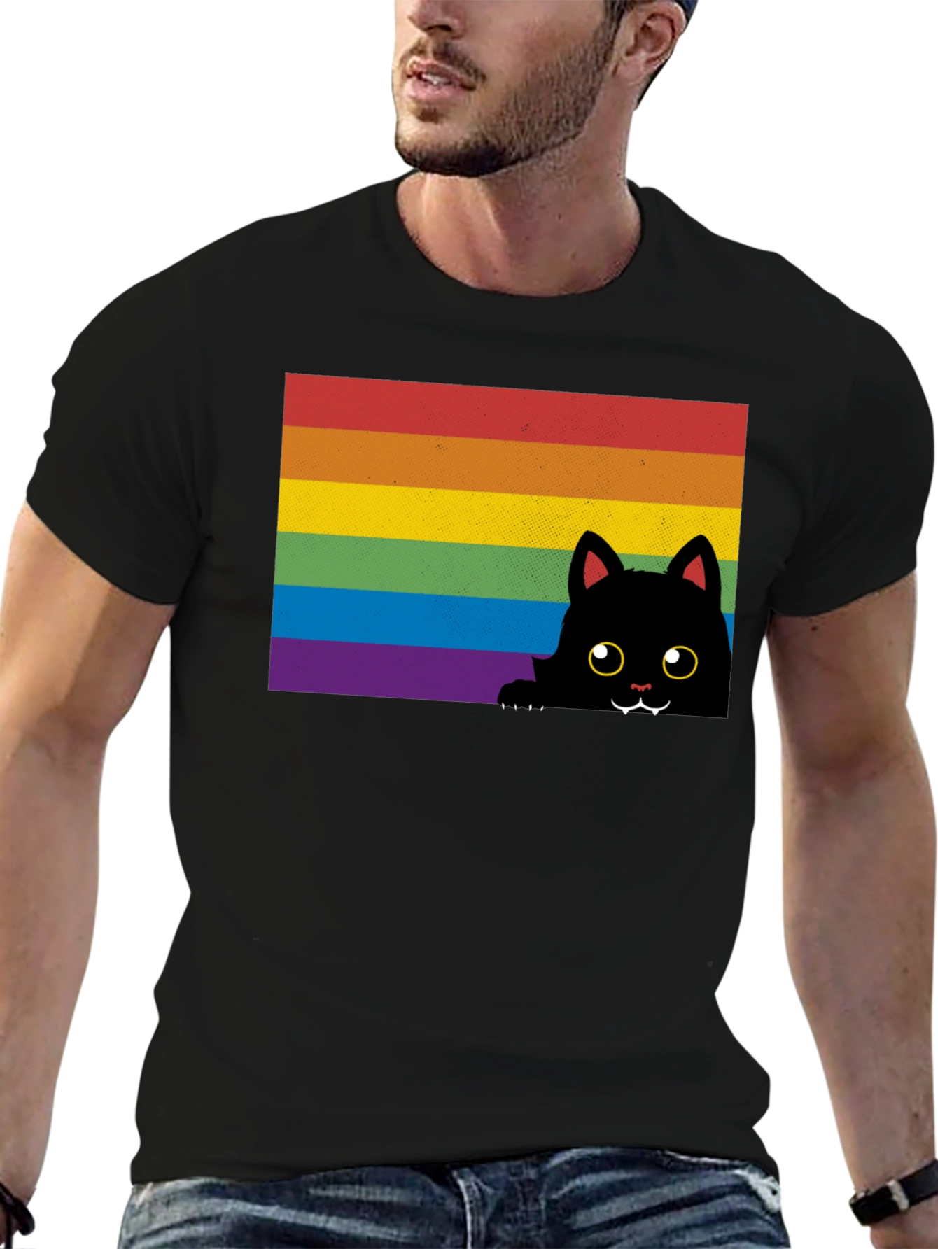 Rainbow Cat Graphic Tee - Black Cotton Comfort