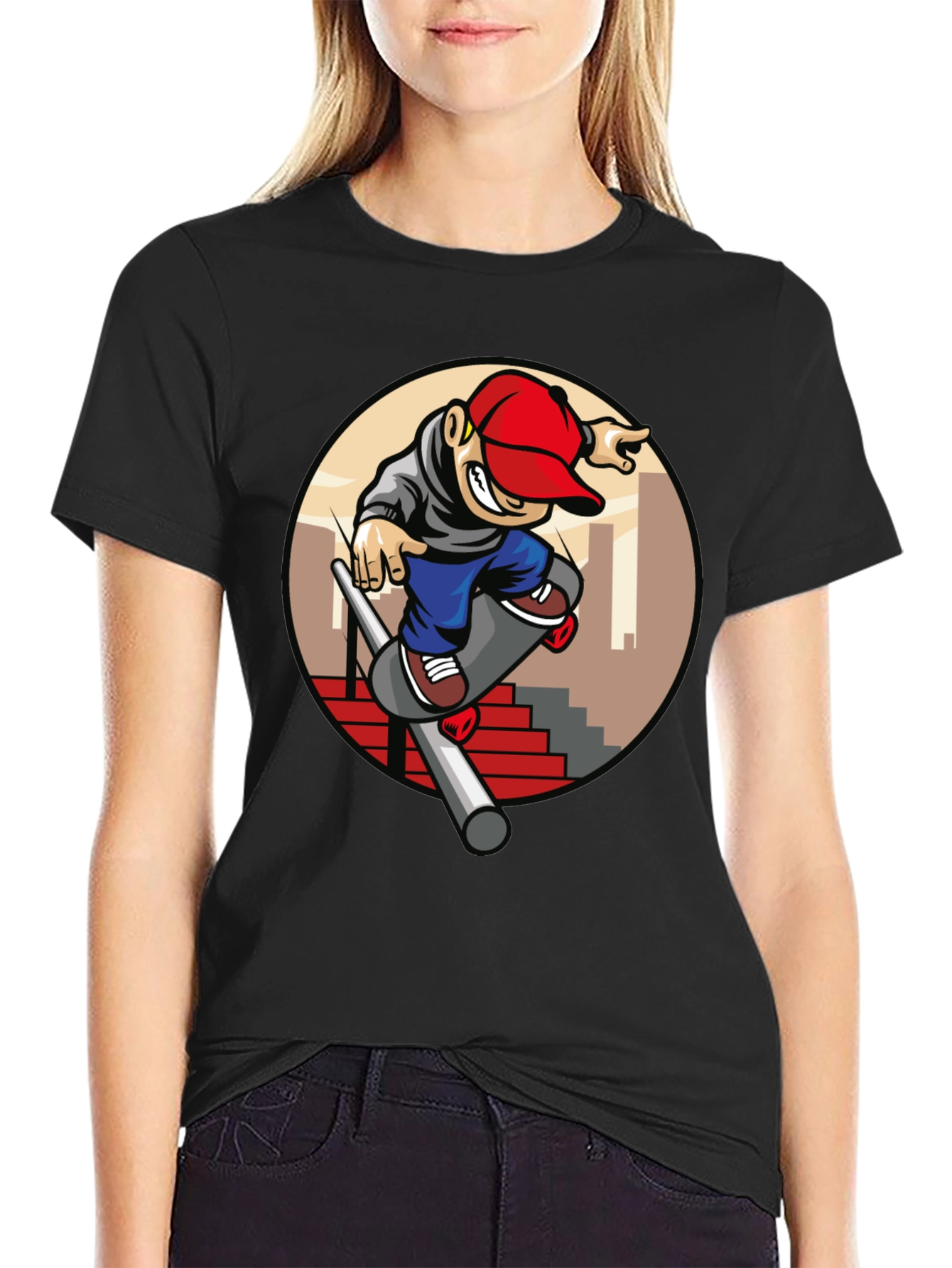 Skater Dude Graphic Tee - Black Cotton T-Shirt