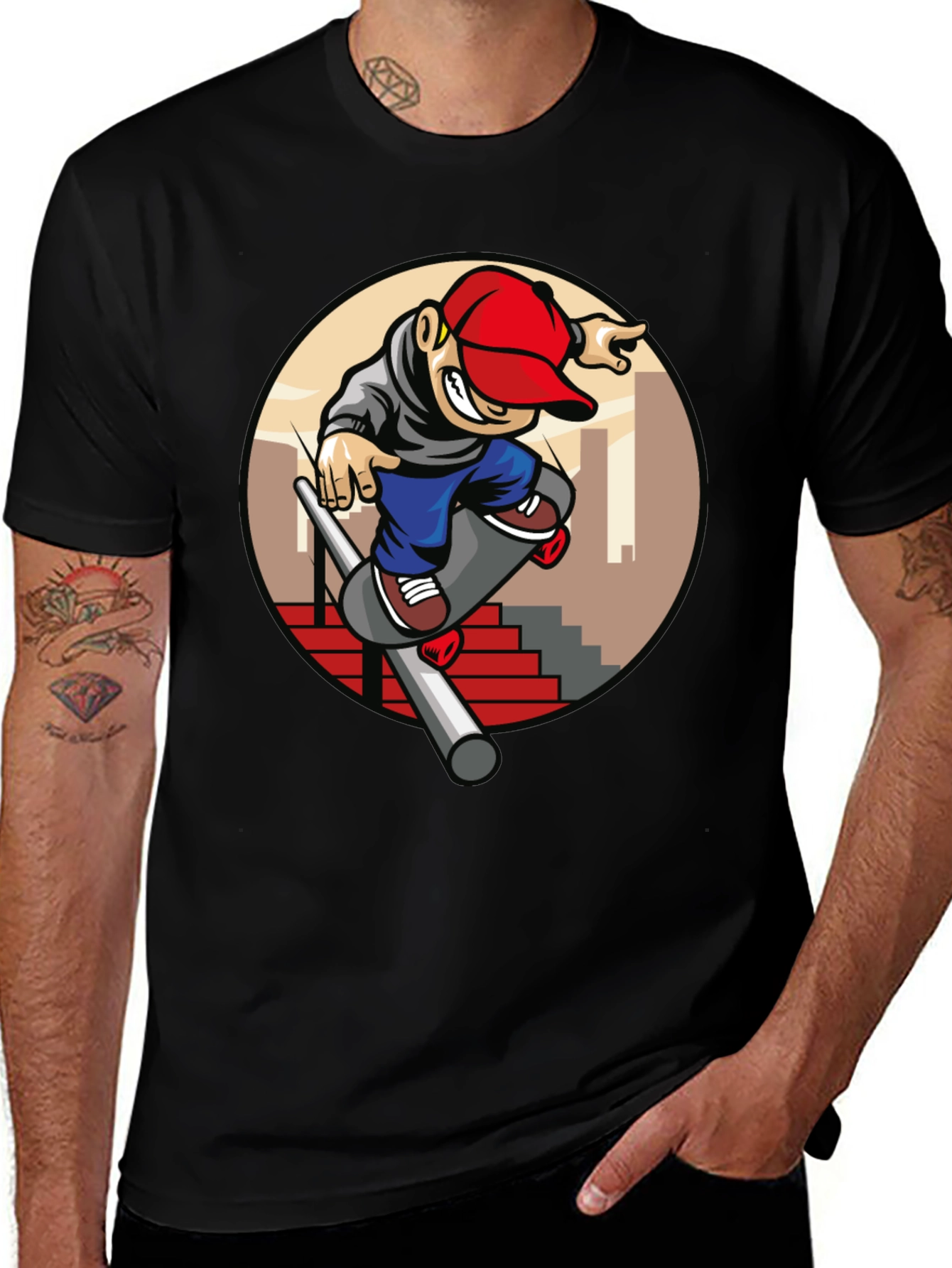 Skater Dude Graphic Tee - Black Cotton T-Shirt