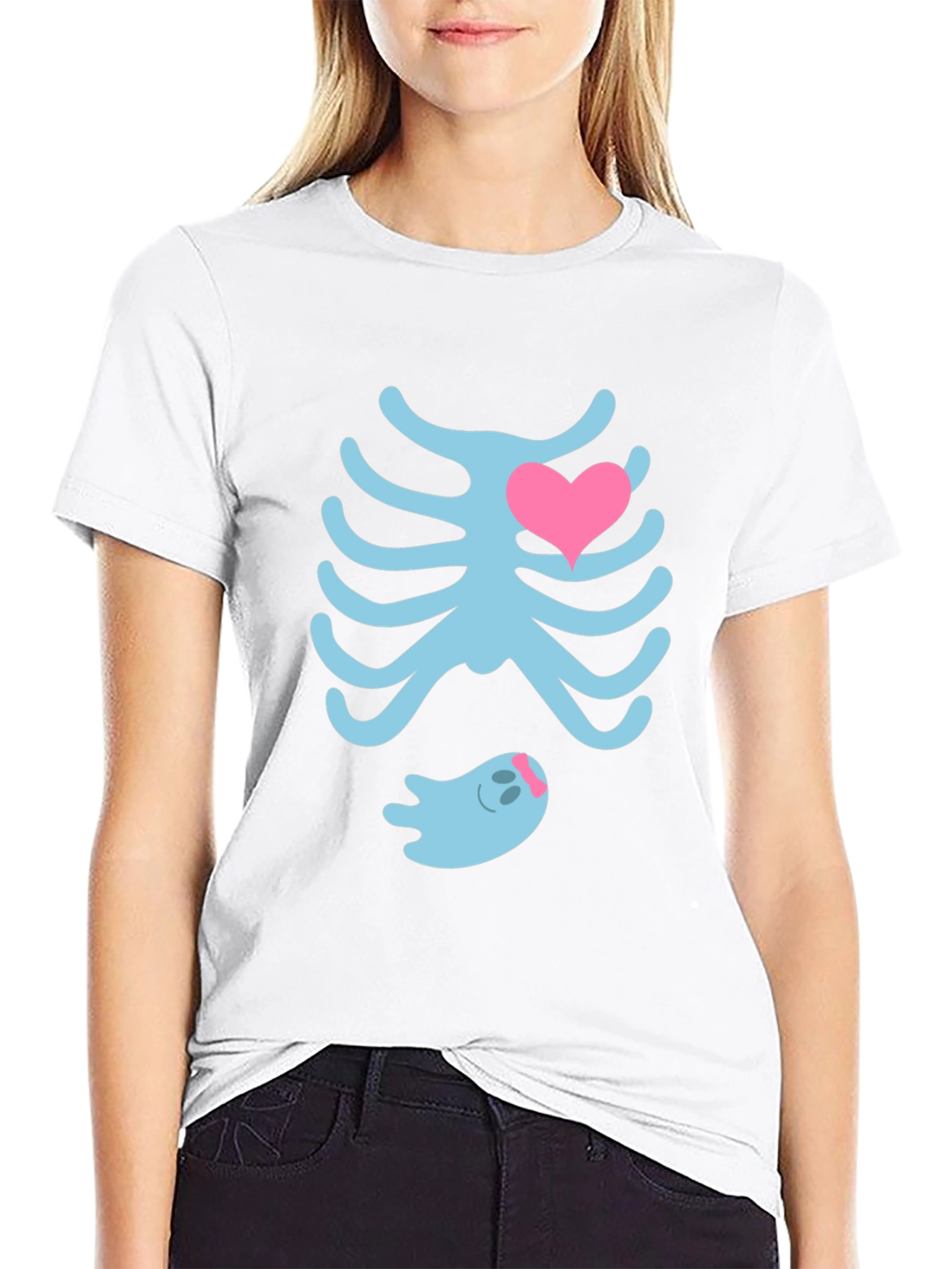 Cute Halloween Maternity T-Shirt: Skeleton Ribs & Ghost