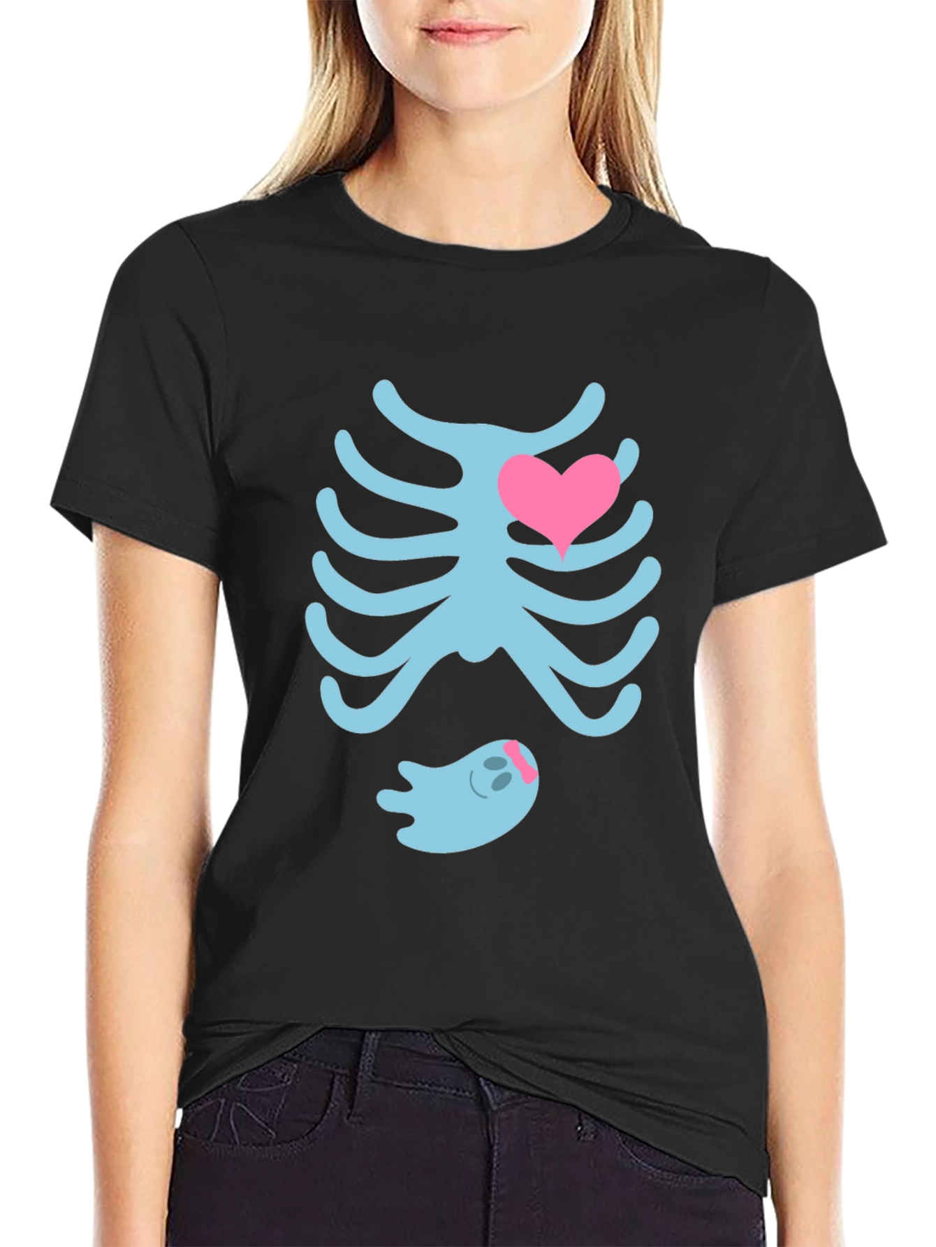Cute Halloween Maternity T-Shirt: Skeleton Ribs & Ghost