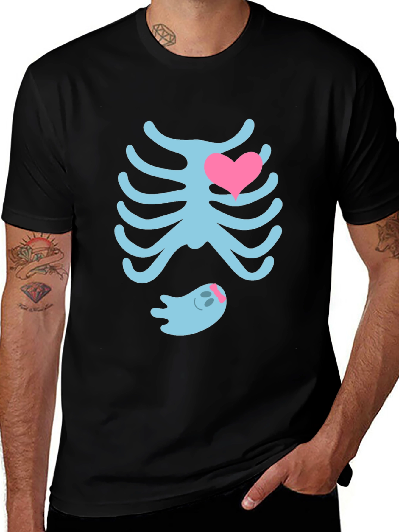 Cute Halloween Maternity T-Shirt: Skeleton Ribs & Ghost