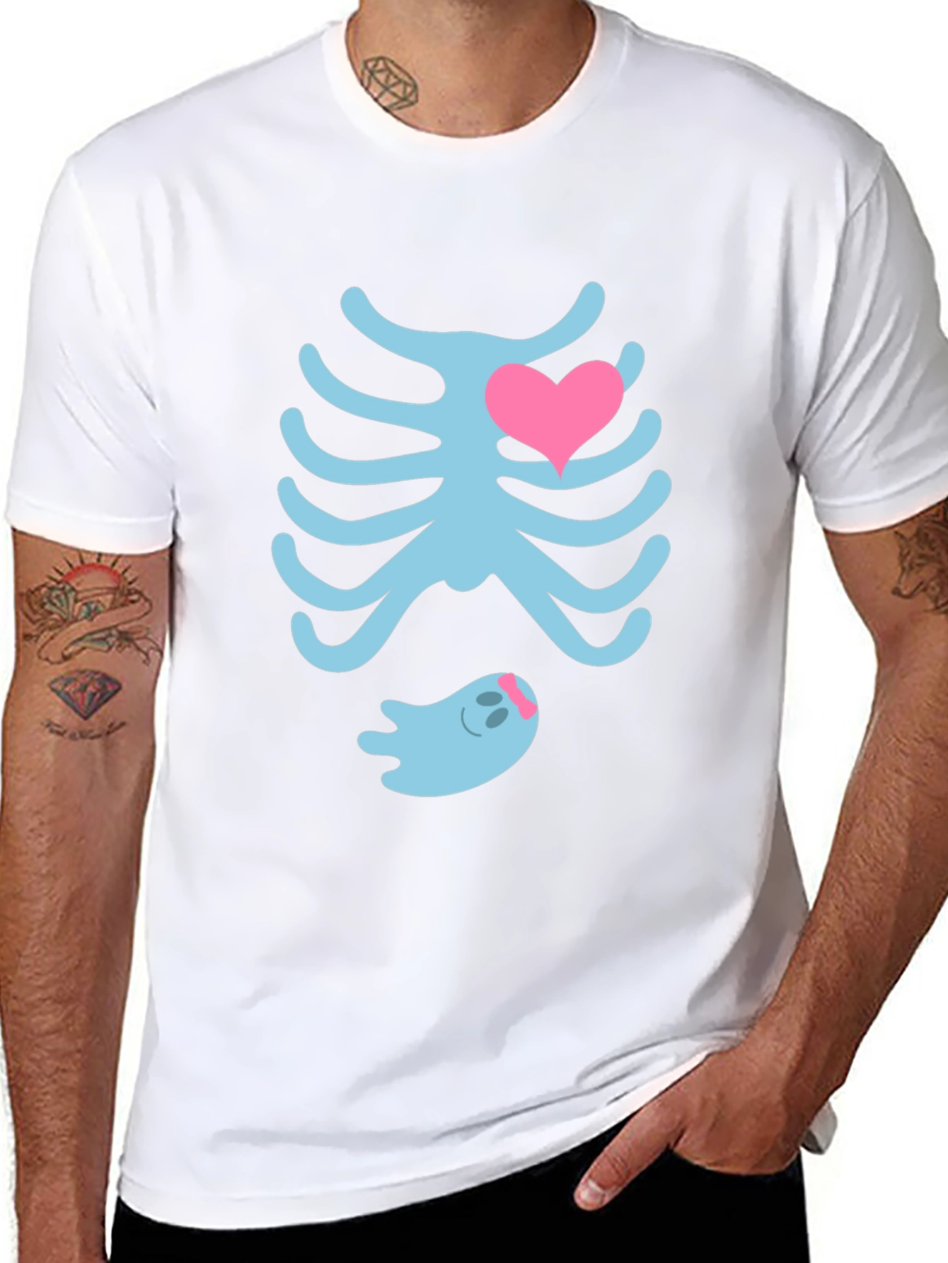 Cute Halloween Maternity T-Shirt: Skeleton Ribs & Ghost