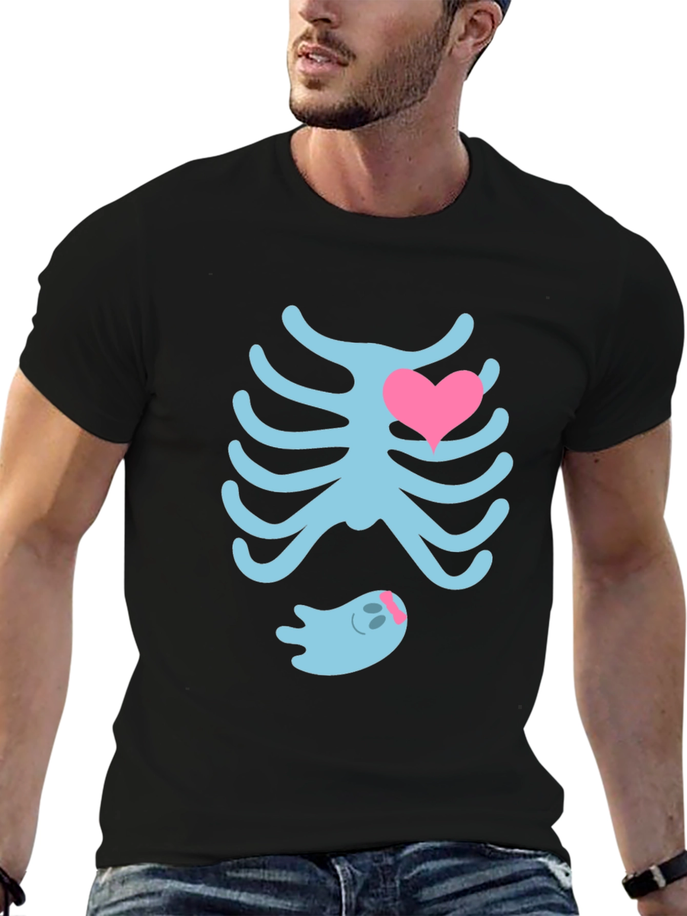 Cute Halloween Maternity T-Shirt: Skeleton Ribs & Ghost
