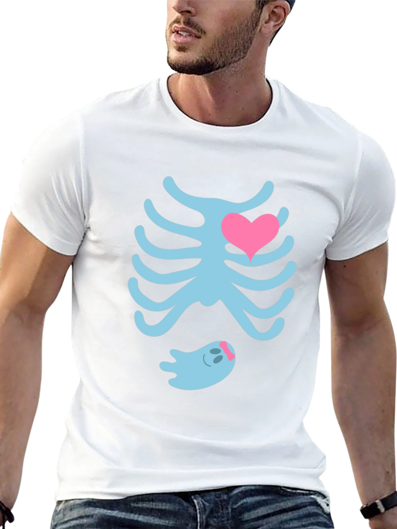 Cute Halloween Maternity T-Shirt: Skeleton Ribs & Ghost