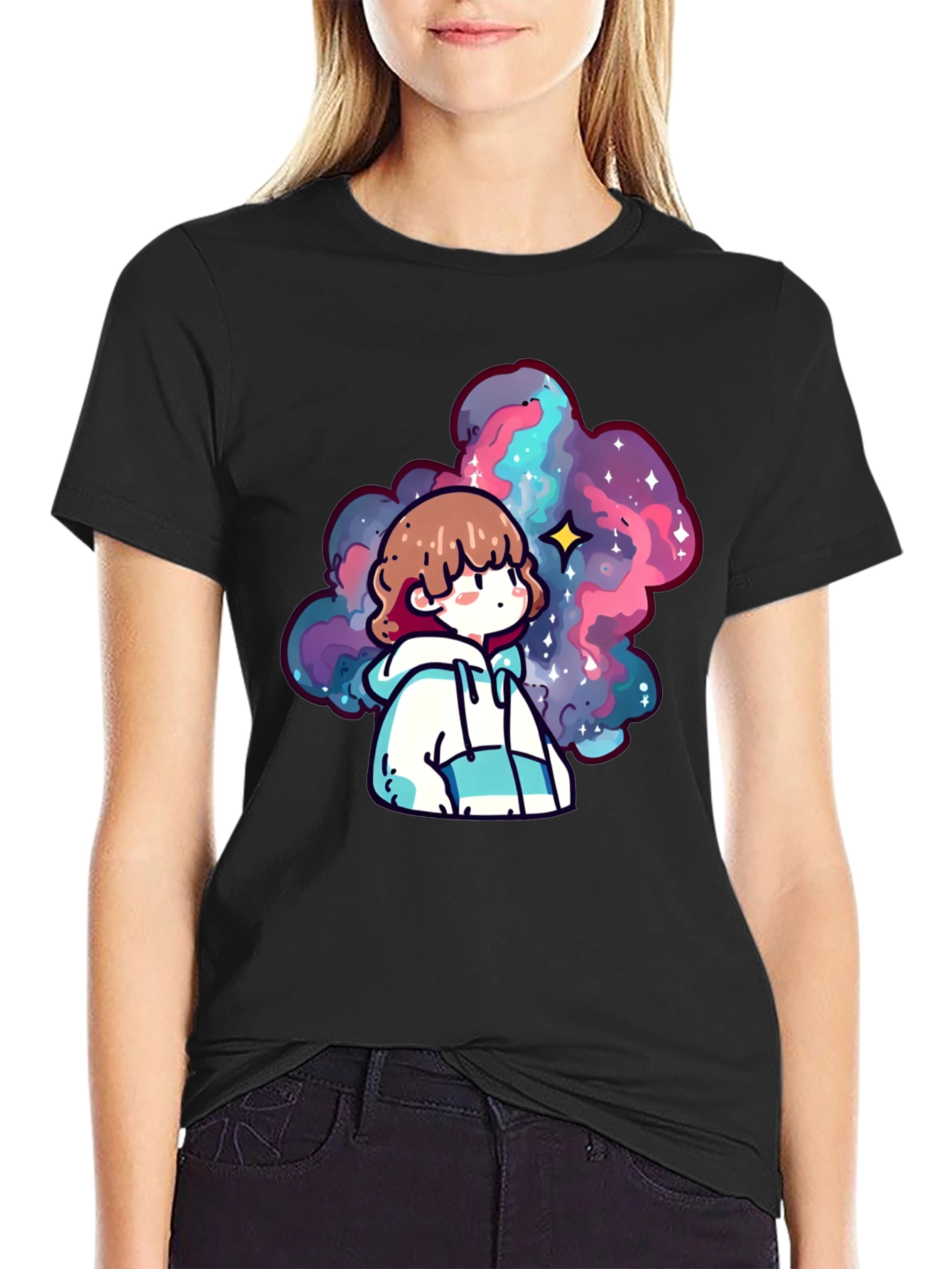 Anime Galaxy Graphic Black T-Shirt