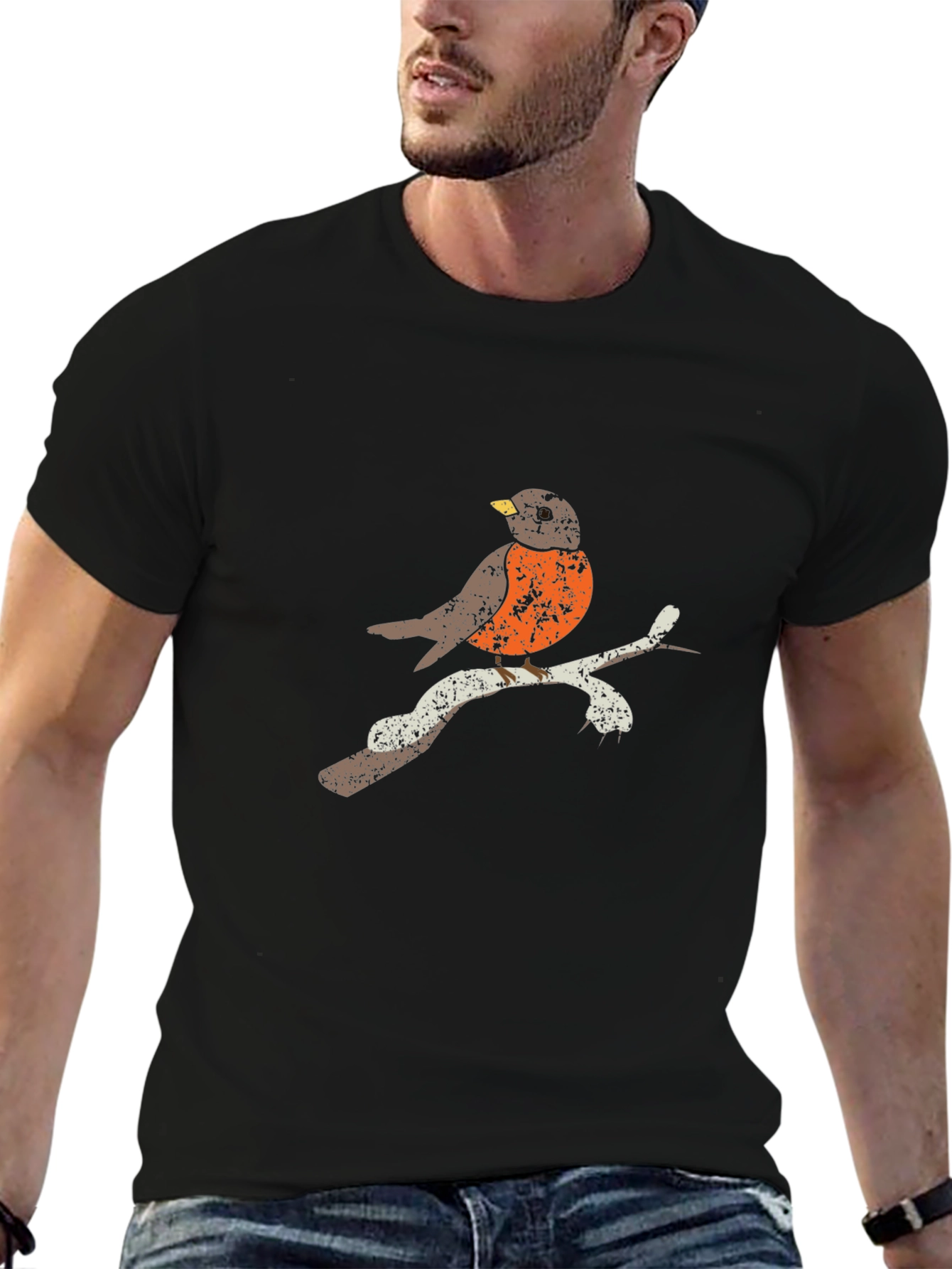 Robin Bird Graphic Tee - Black Cotton T-Shirt