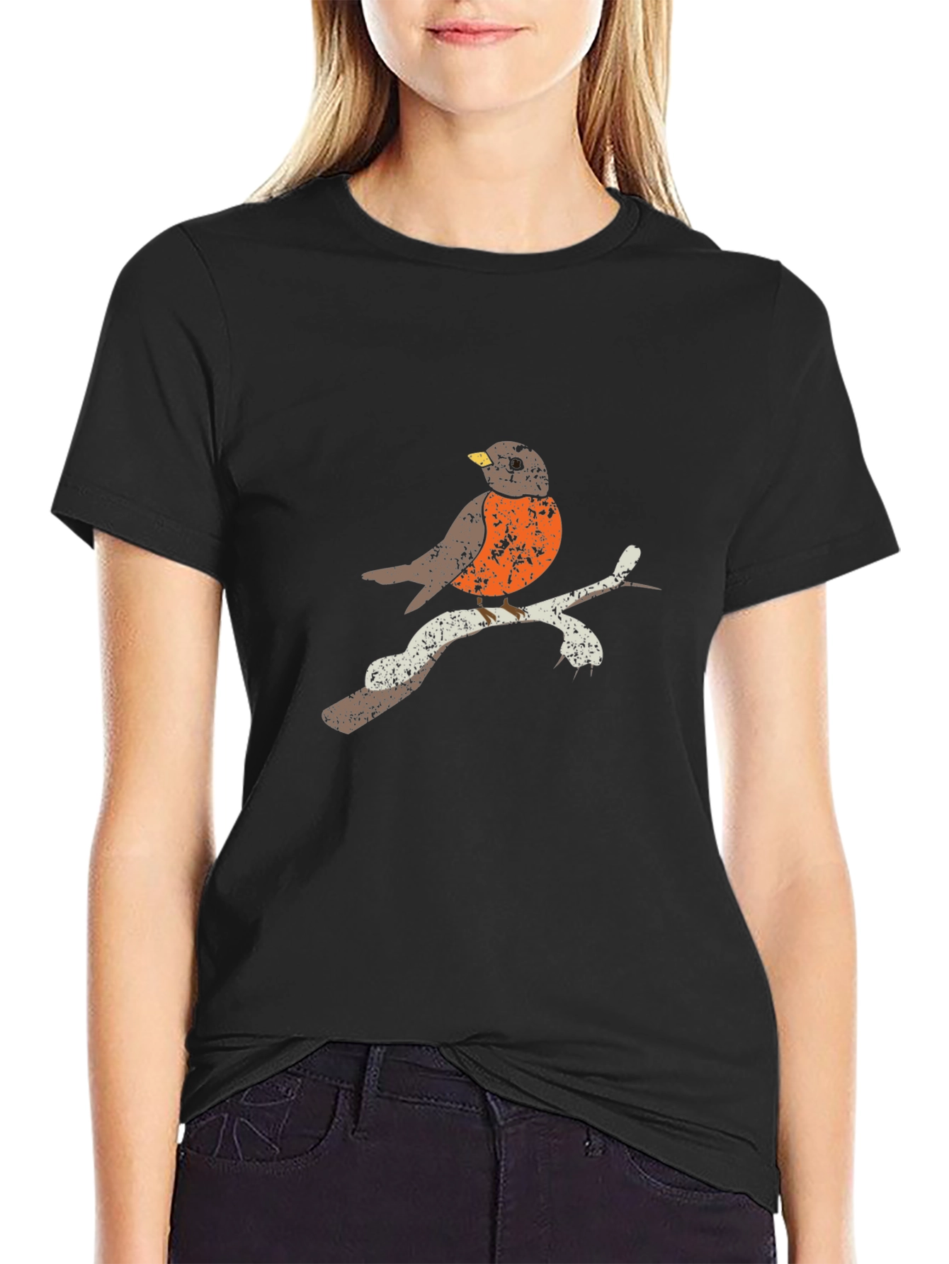 Robin Bird Graphic Tee - Black Cotton T-Shirt