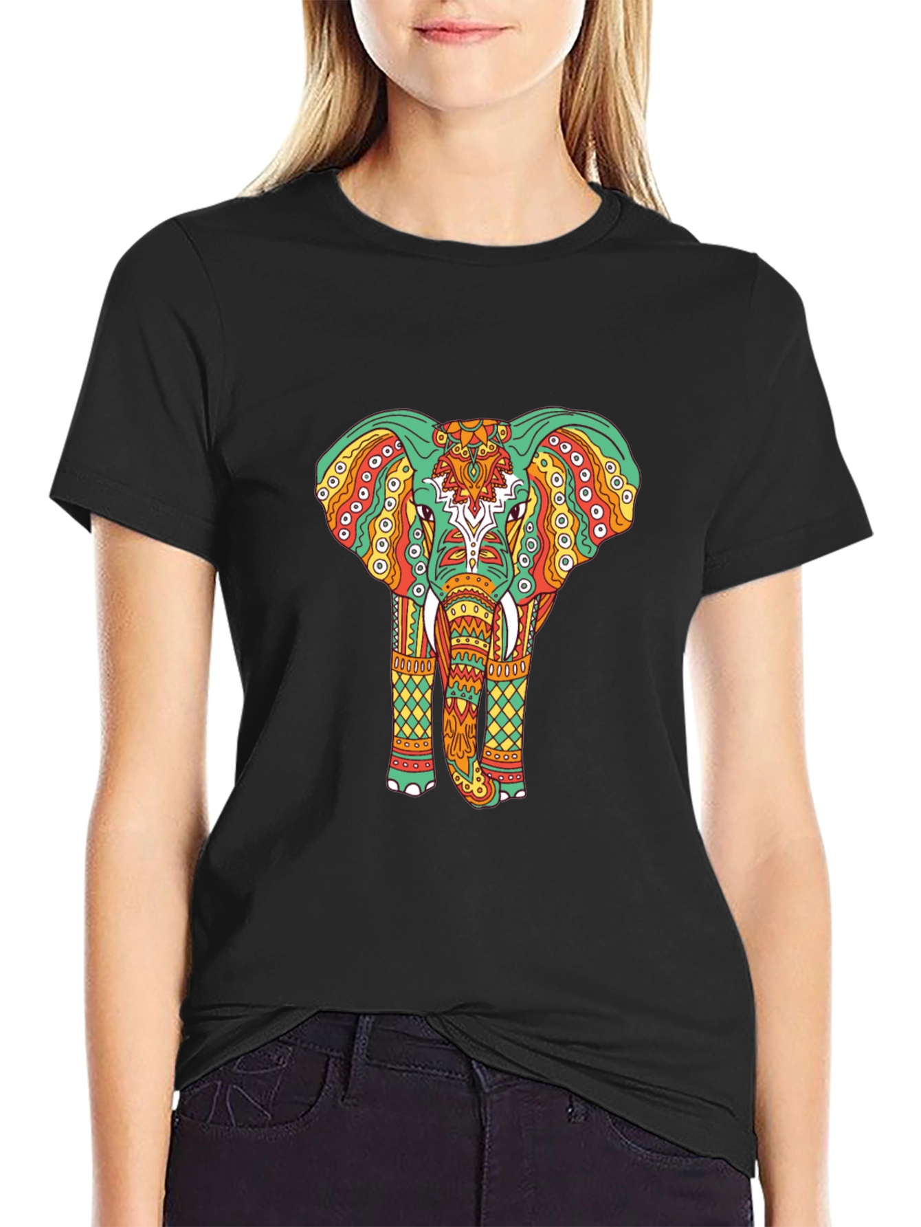 Elephant Graphic Tee - Bohemian Style Black T-Shirt
