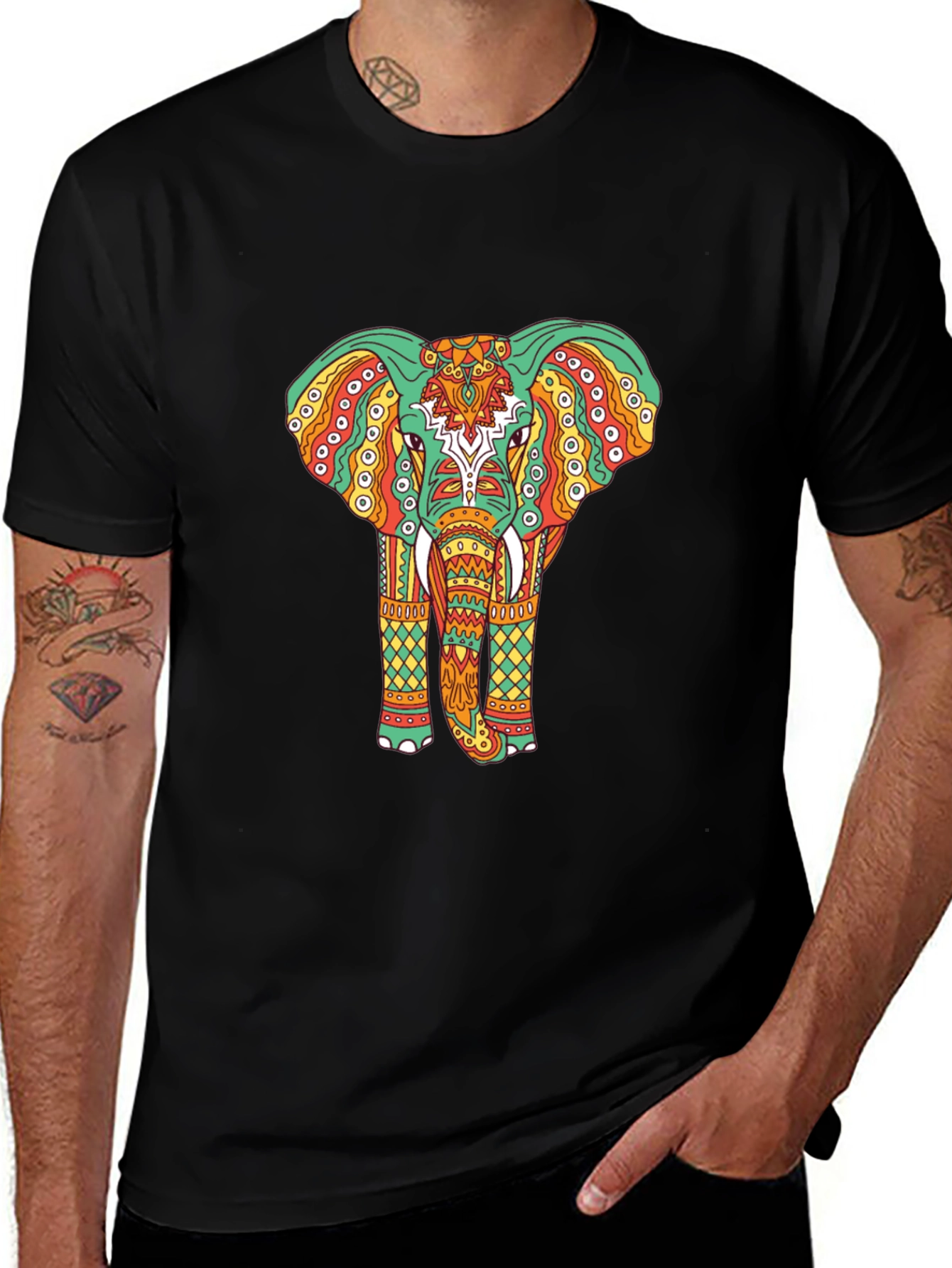 Elephant Graphic Tee - Bohemian Style Black T-Shirt