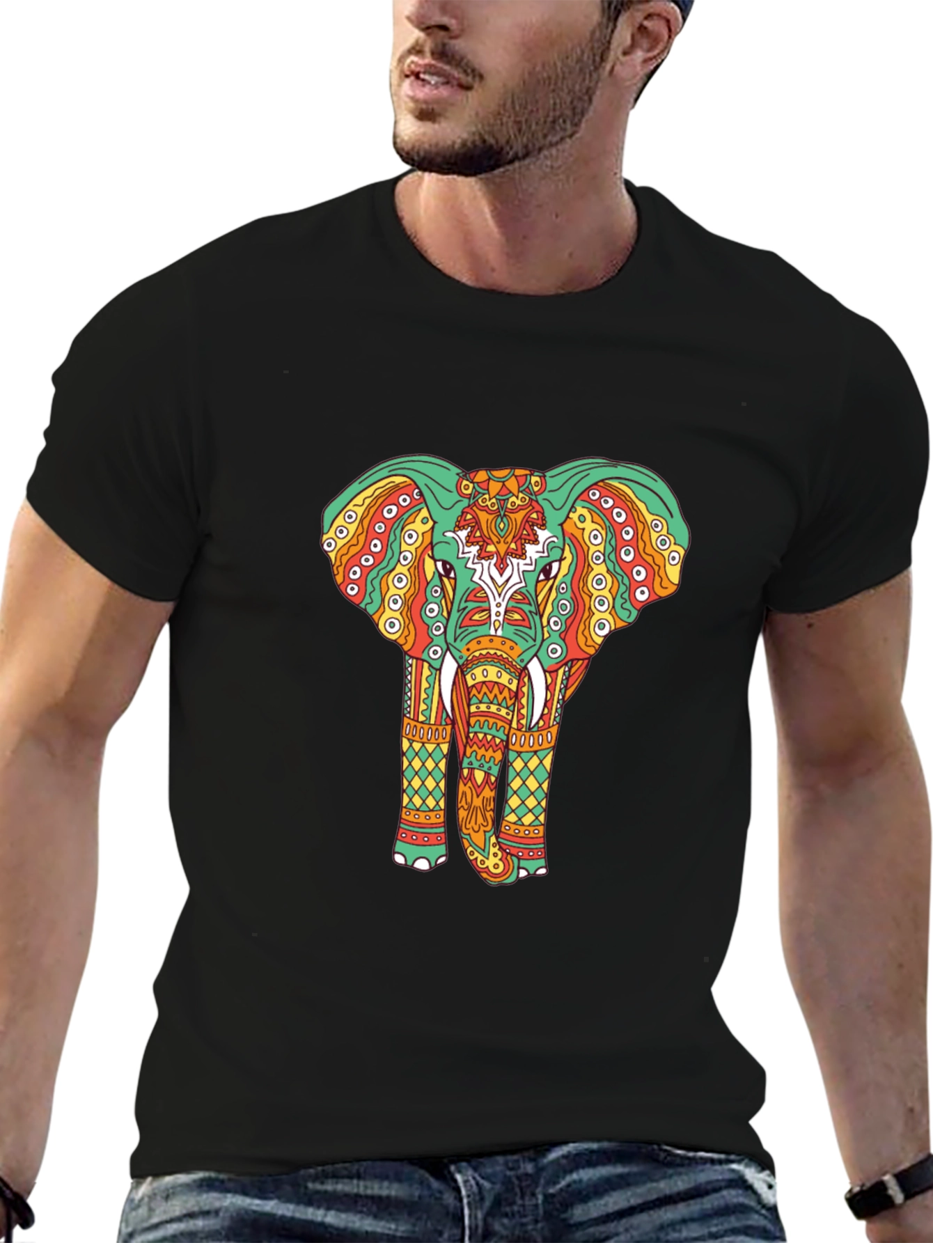 Elephant Graphic Tee - Bohemian Style Black T-Shirt