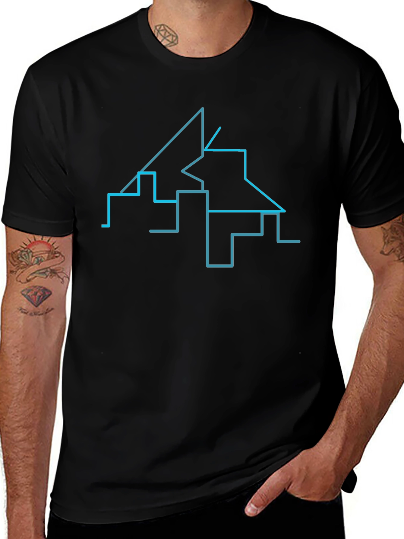 Abstract Cityscape Line Art Black T-Shirt