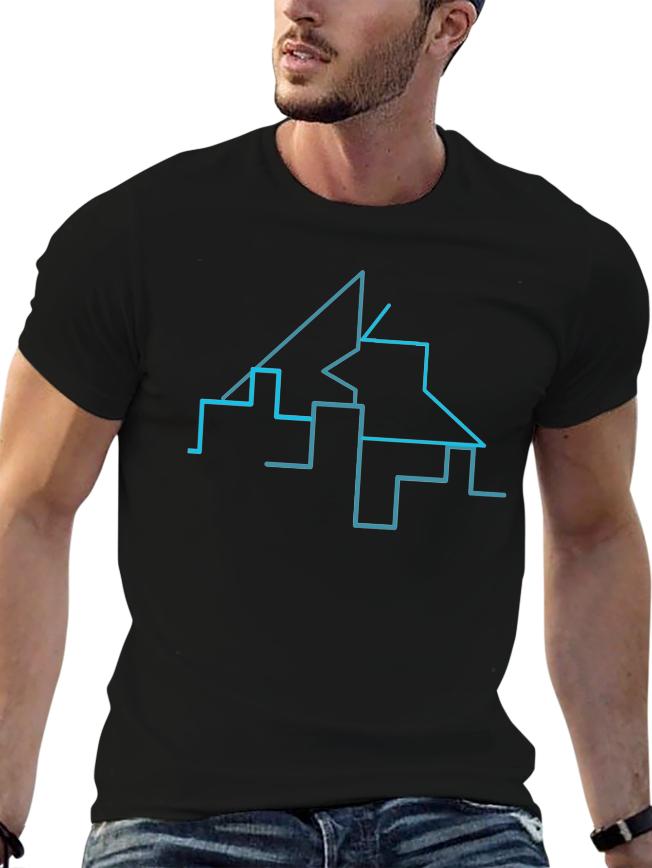 Abstract Cityscape Line Art Black T-Shirt