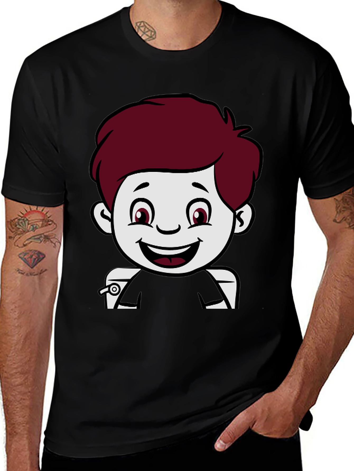 Cartoon Boy Graphic Print Black T-Shirt