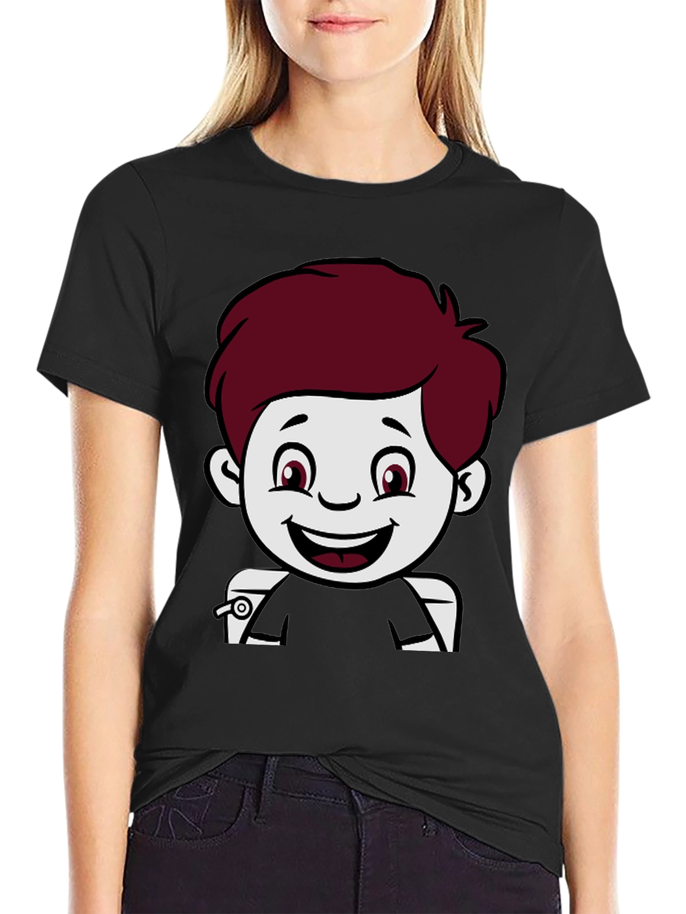 Cartoon Boy Graphic Print Black T-Shirt