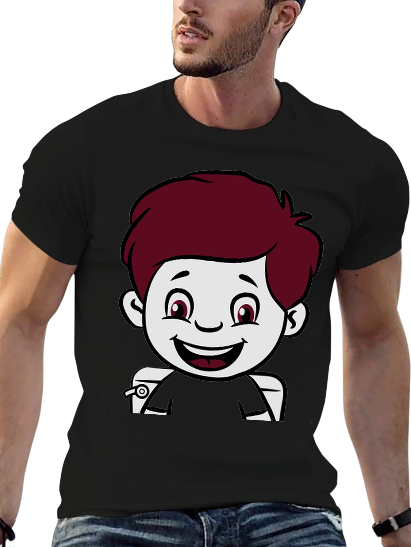 Cartoon Boy Graphic Print Black T-Shirt