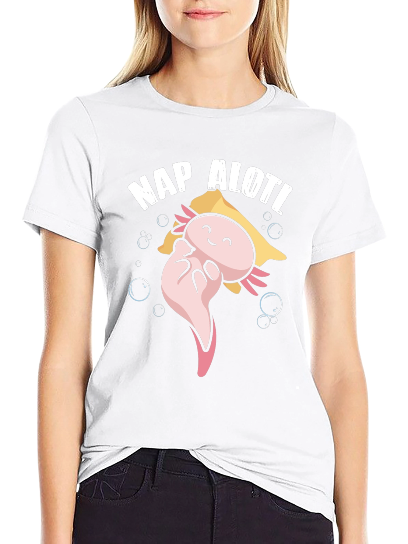 Nap Alotl Black T-Shirt - Axolotl Cartoon Sleep Design