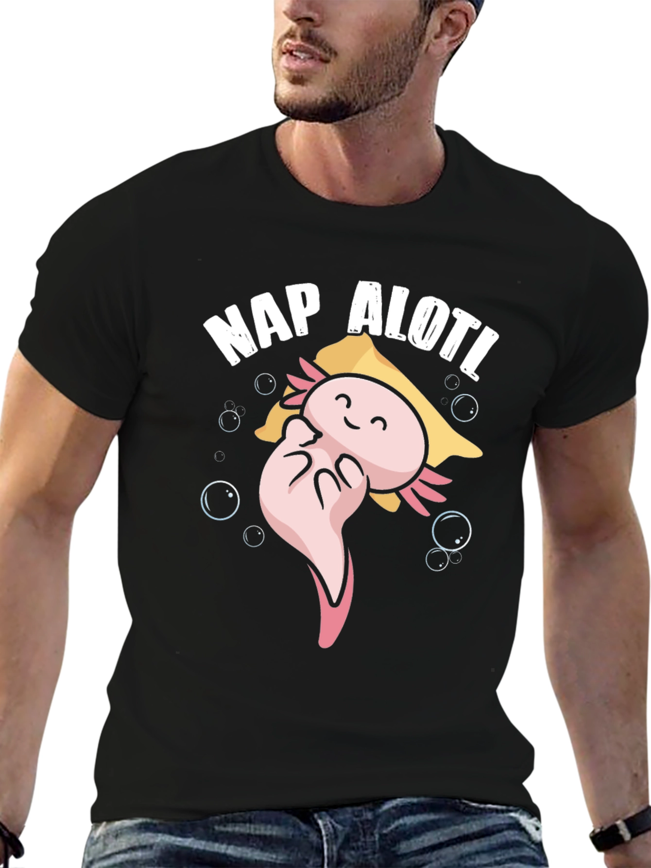 Nap Alotl Black T-Shirt - Axolotl Cartoon Sleep Design