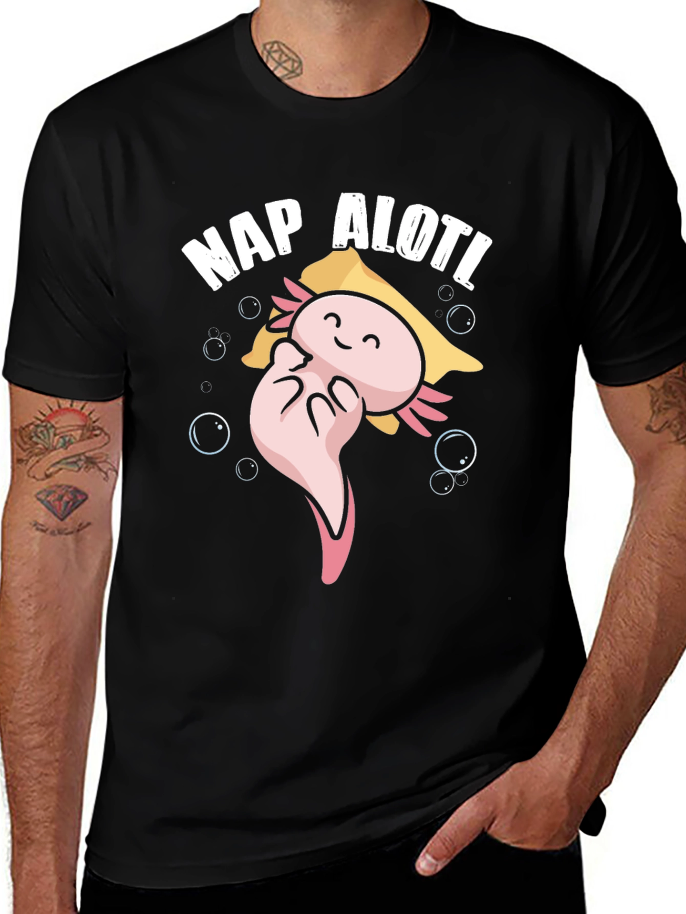 Nap Alotl Black T-Shirt - Axolotl Cartoon Sleep Design