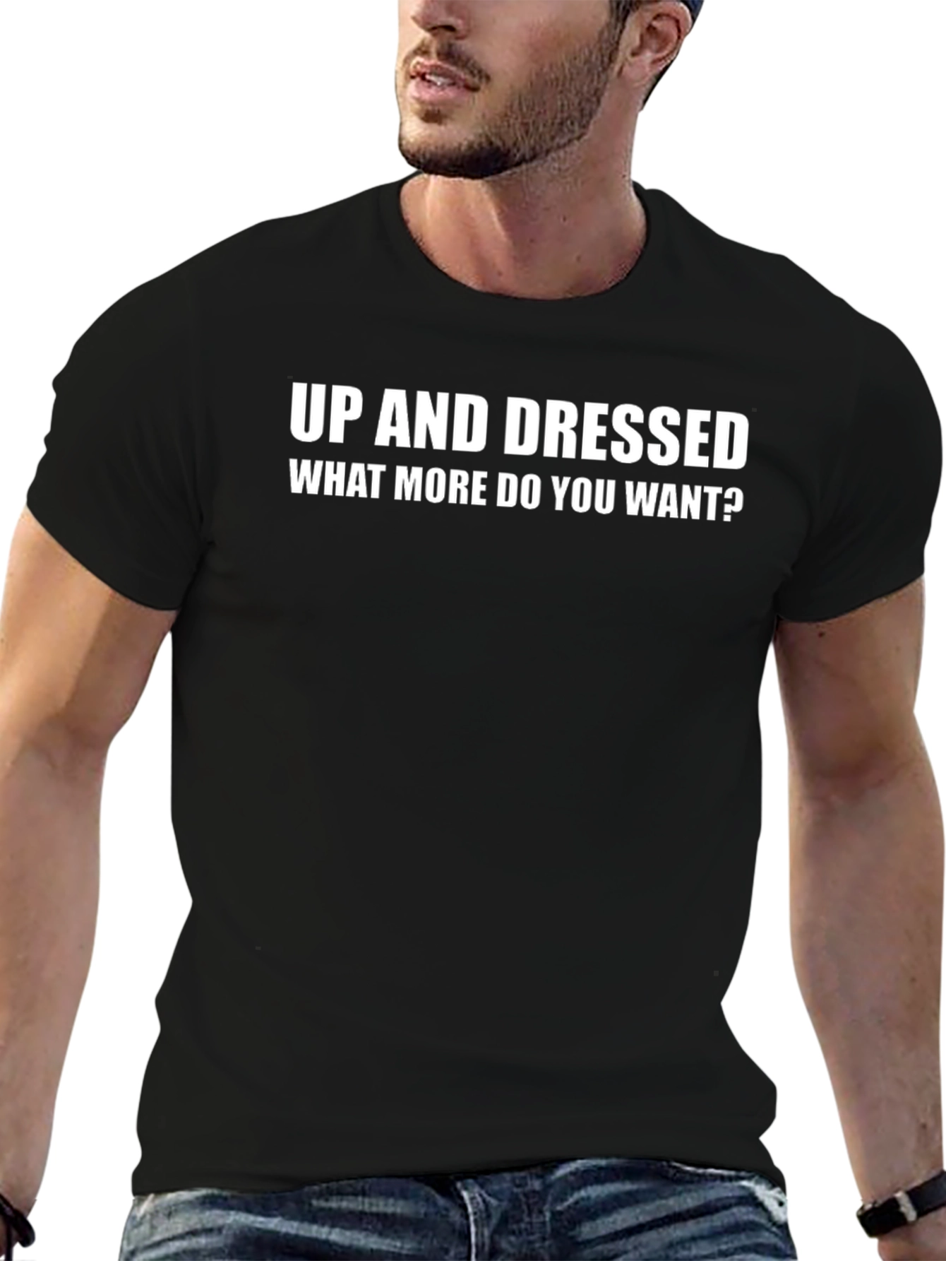 Up and Dressed Slogan Tee - Black Cotton T-Shirt