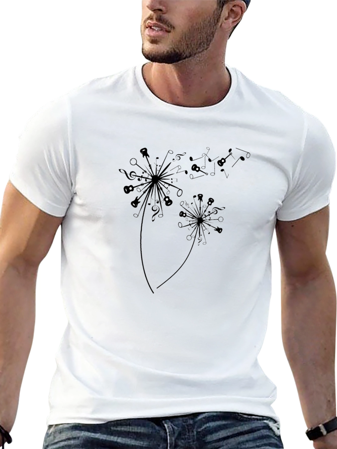 Music Note Dandelion Graphic Black T-Shirt