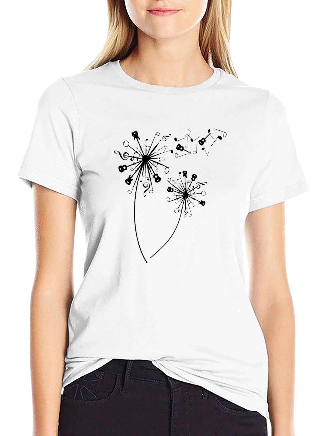 Music Note Dandelion Graphic Black T-Shirt