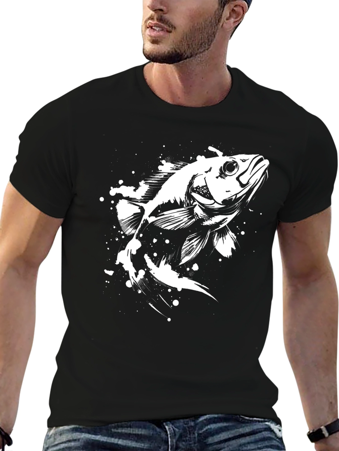 Mens Black T-Shirt with Fish Graphic