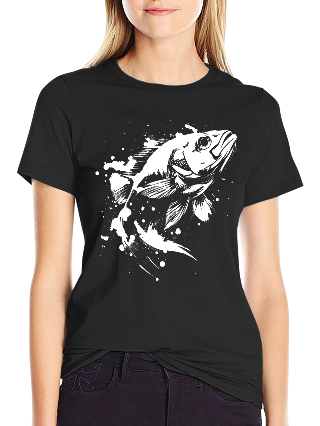 Mens Black T-Shirt with Fish Graphic