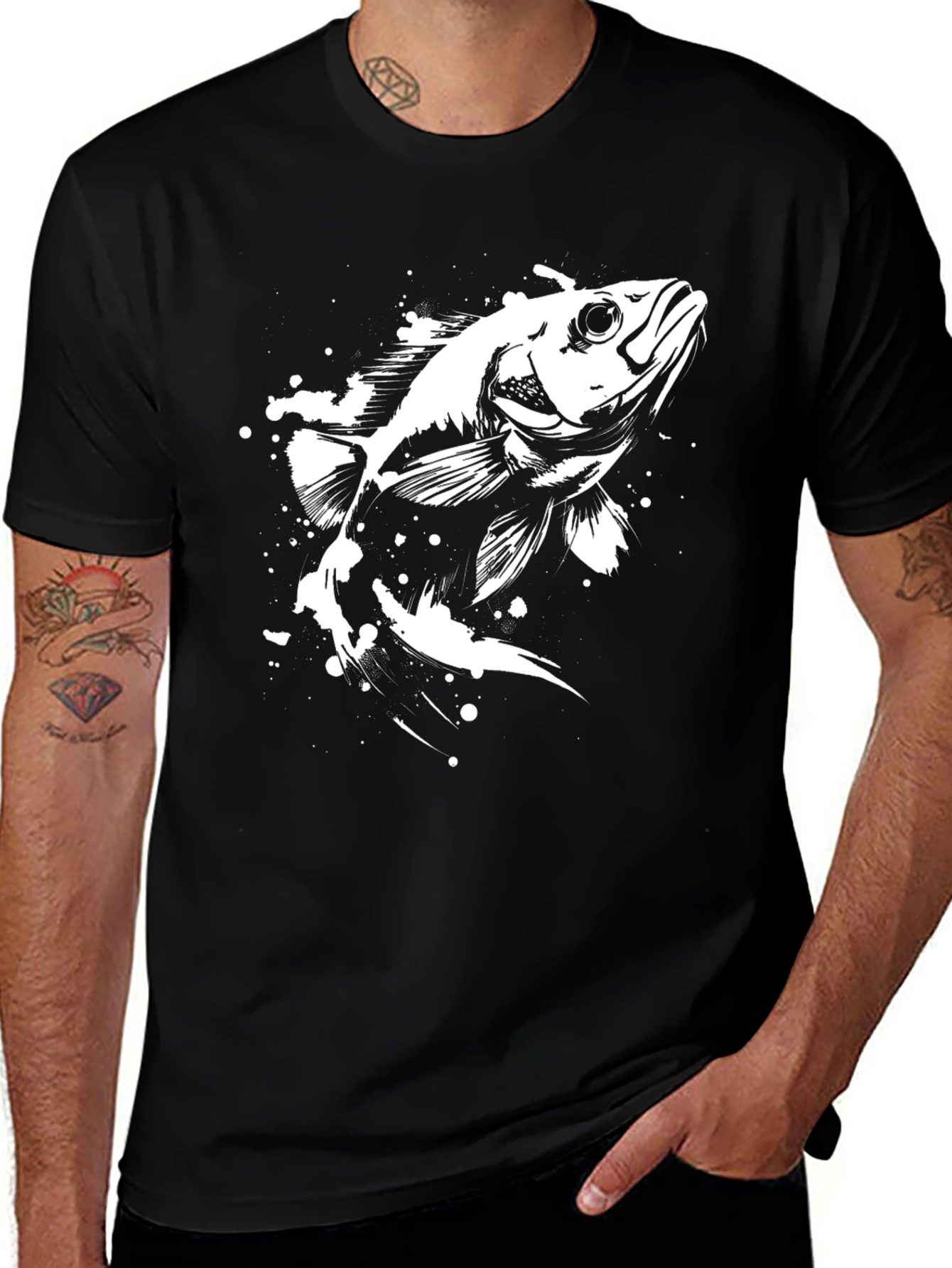 Mens Black T-Shirt with Fish Graphic