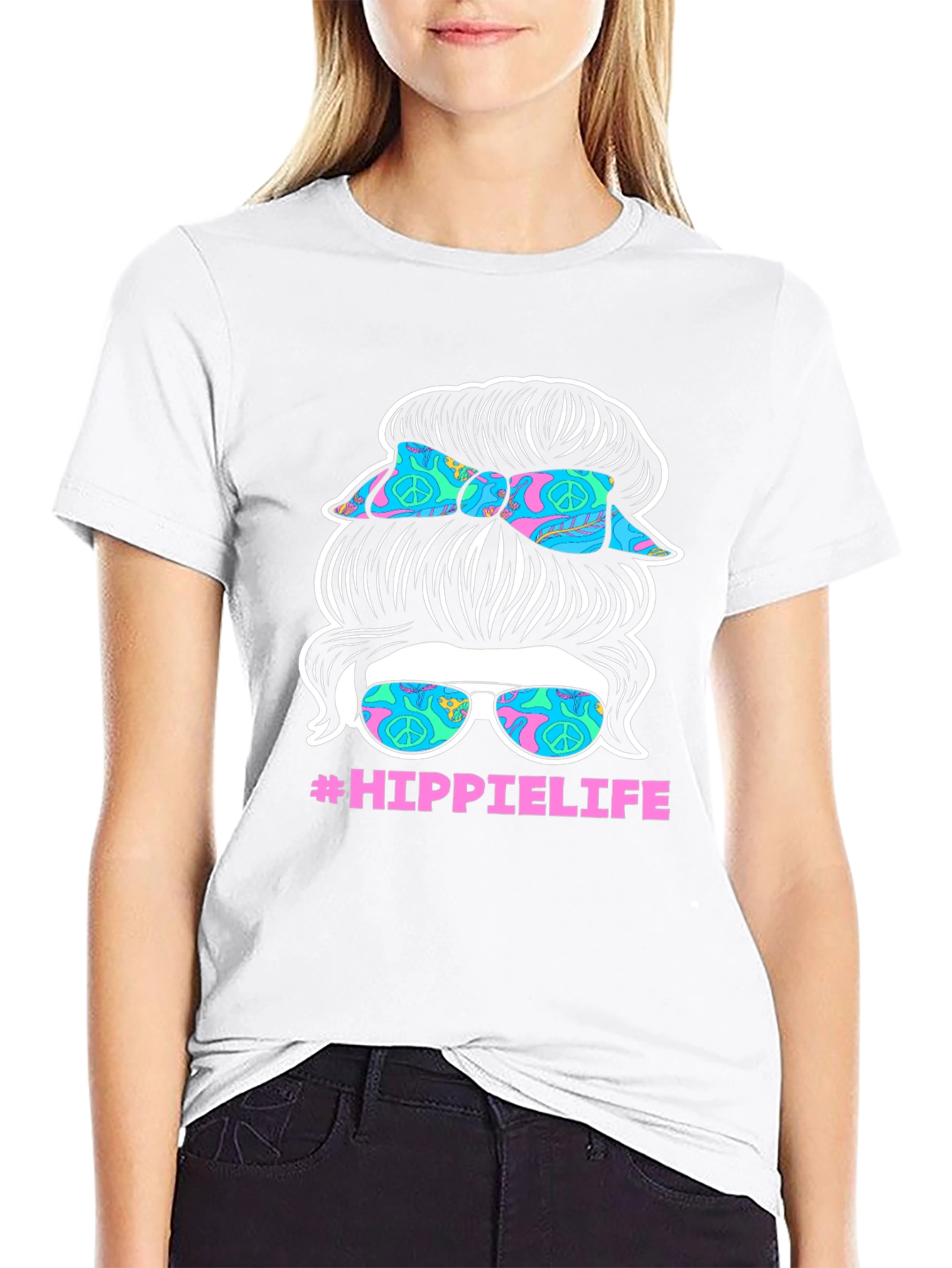 Hippie Life Messy Bun T-Shirt - Retro Peace Sign