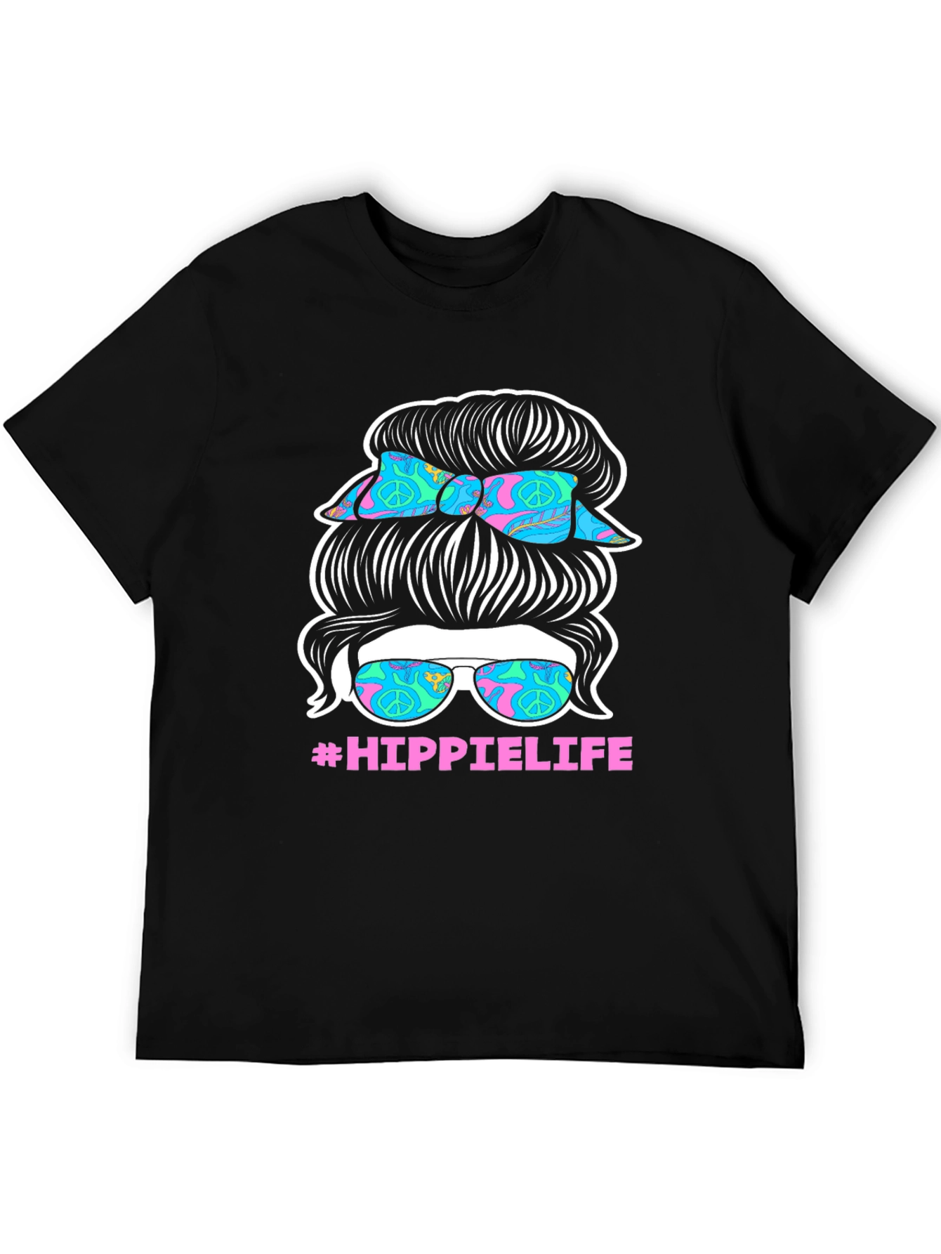 Hippie Life Messy Bun T-Shirt - Retro Peace Sign