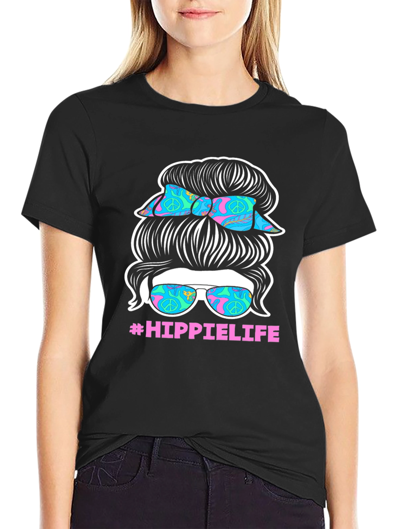 Hippie Life Messy Bun T-Shirt - Retro Peace Sign