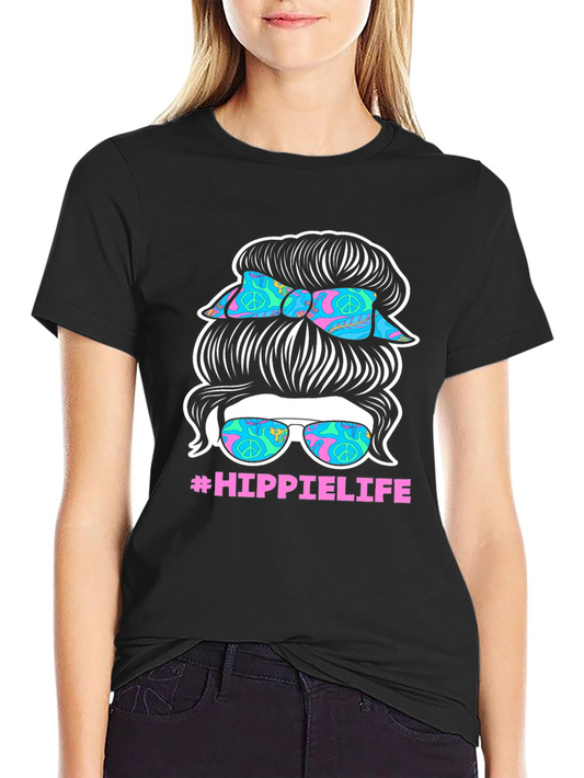 Hippie Life Messy Bun T-Shirt - Retro Peace Sign