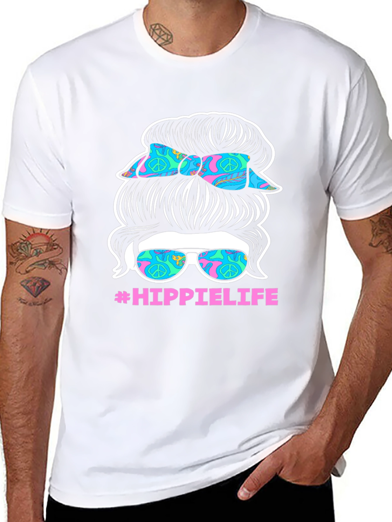 Hippie Life Messy Bun T-Shirt - Retro Peace Sign