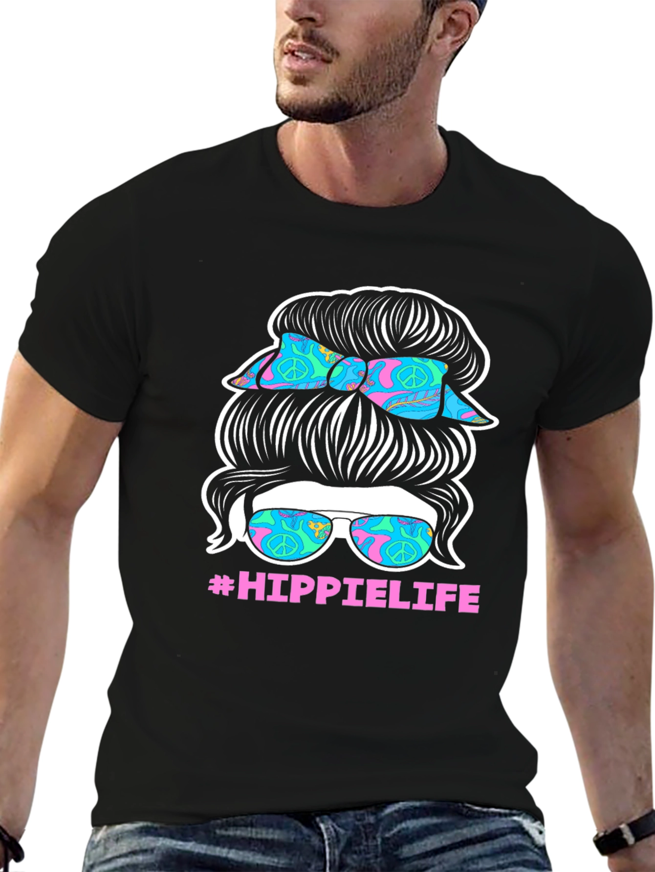 Hippie Life Messy Bun T-Shirt - Retro Peace Sign