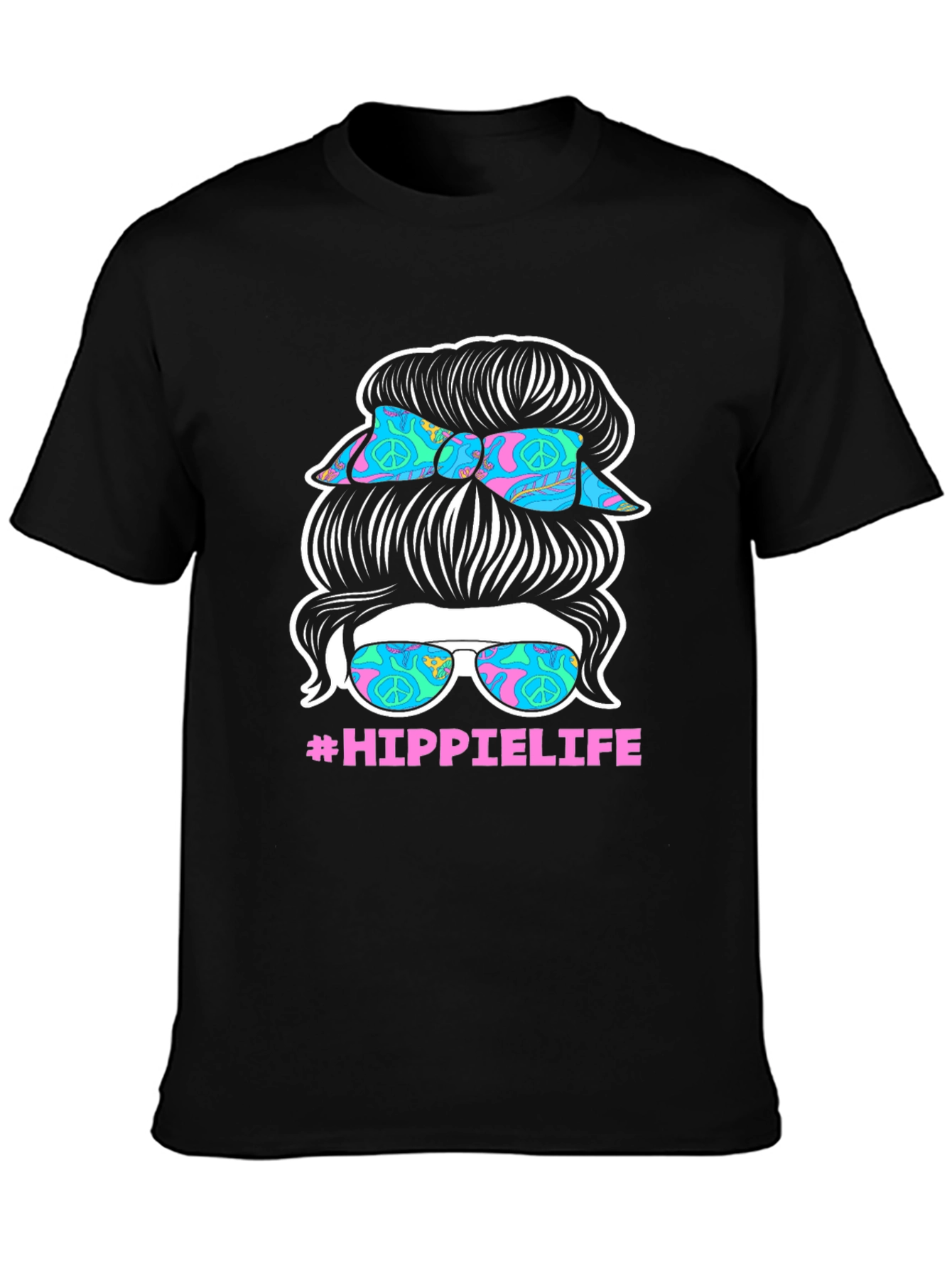 Hippie Life Messy Bun T-Shirt - Retro Peace Sign