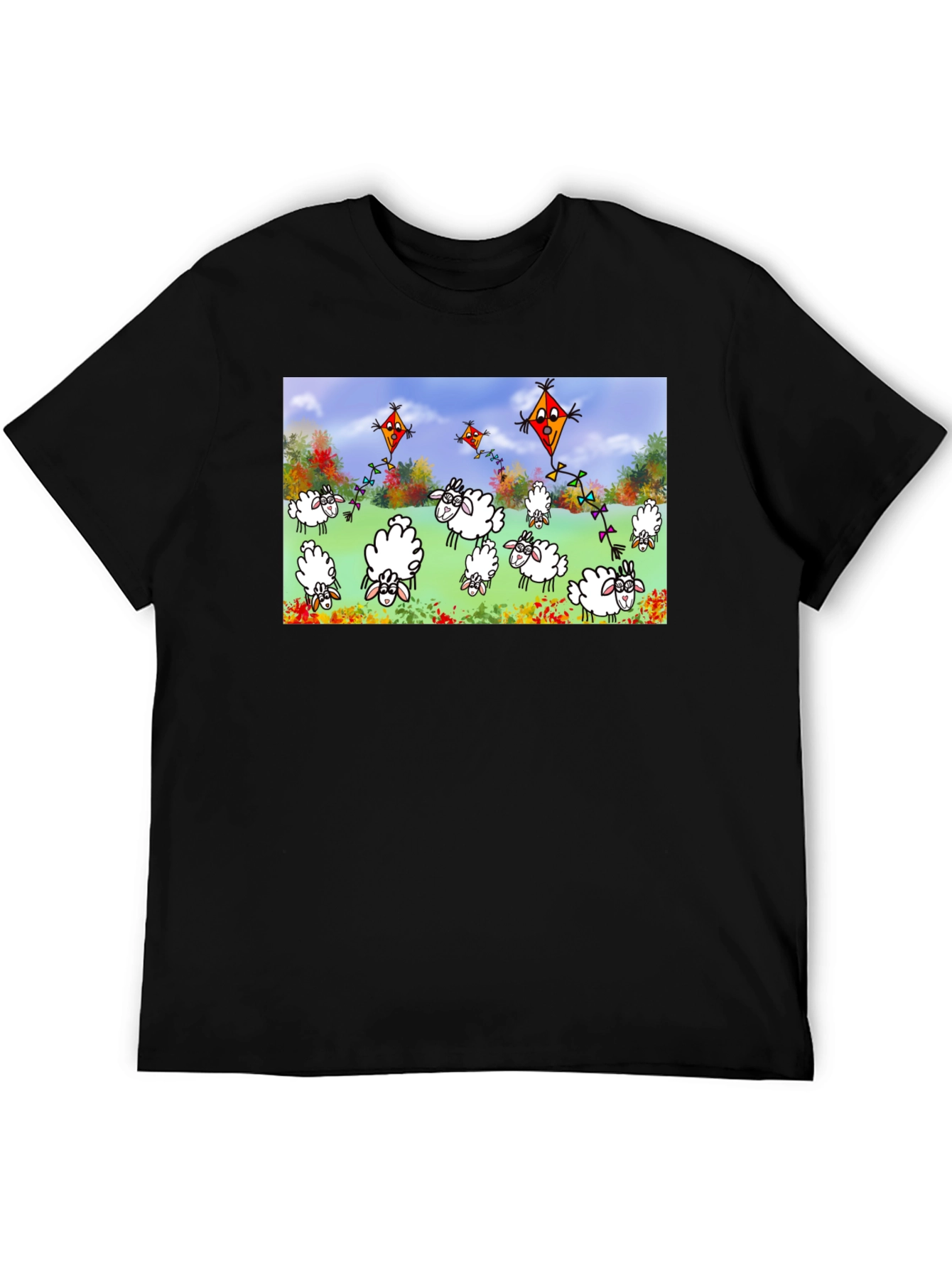 Cartoon Sheep & Kite Print Black Tee