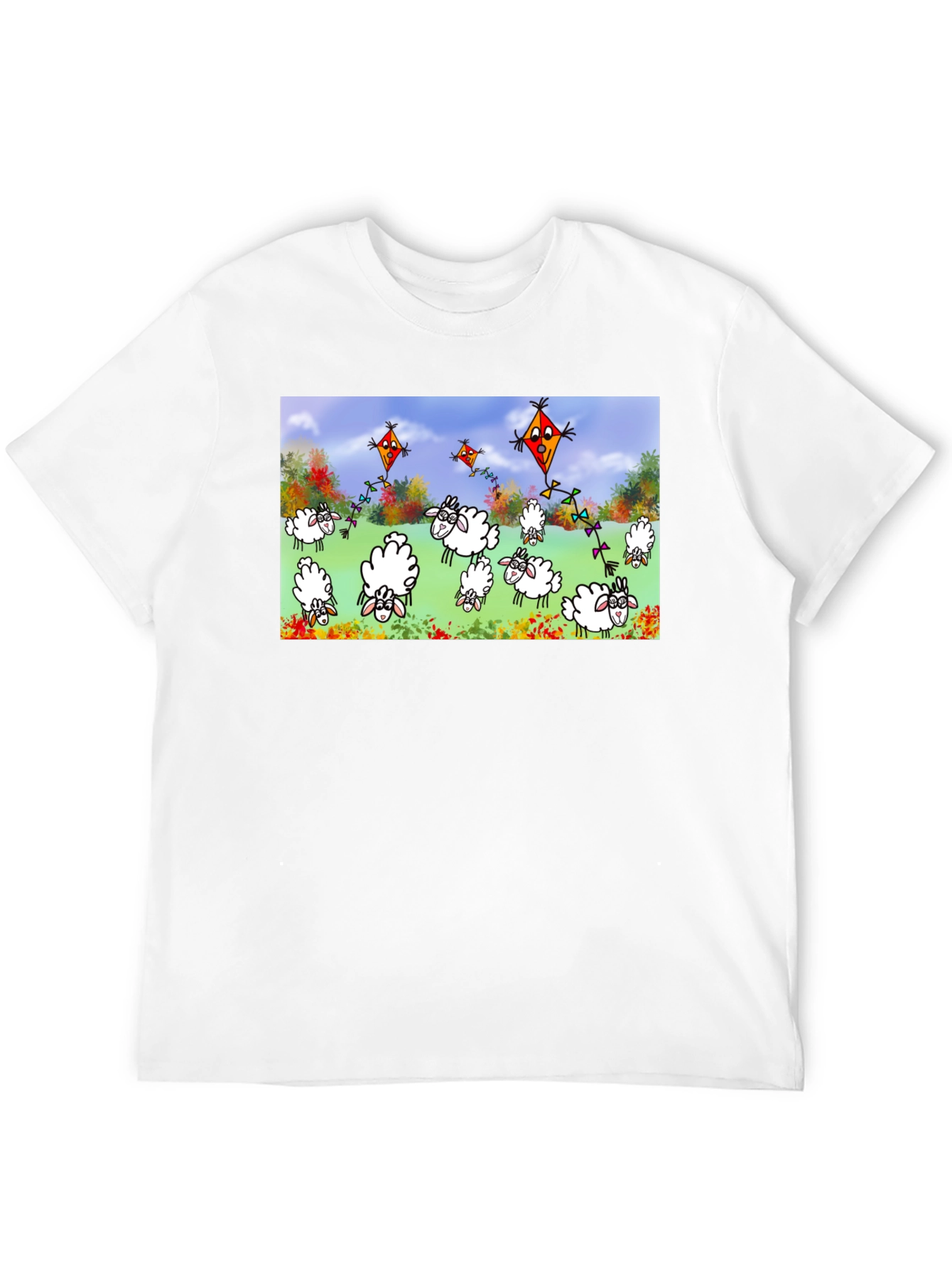 Cartoon Sheep & Kite Print Black Tee