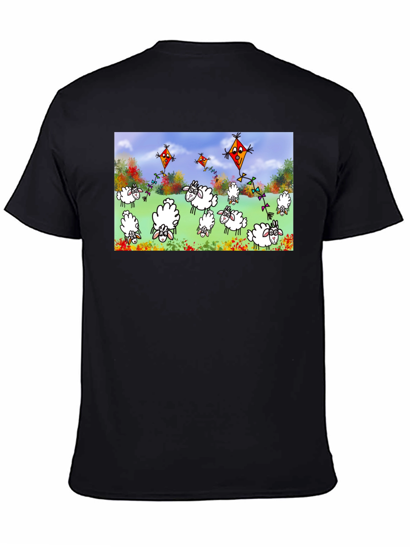 Cartoon Sheep & Kite Print Black Tee