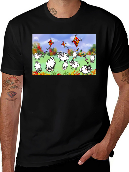 Cartoon Sheep & Kite Print Black Tee