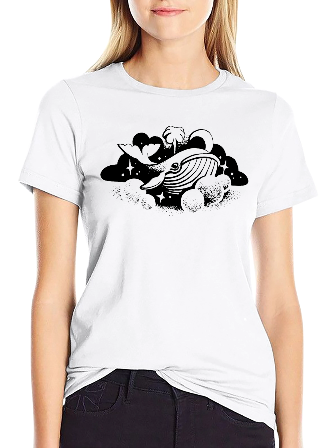 Whale in Clouds Graphic Tee - Black Cotton T-Shirt
