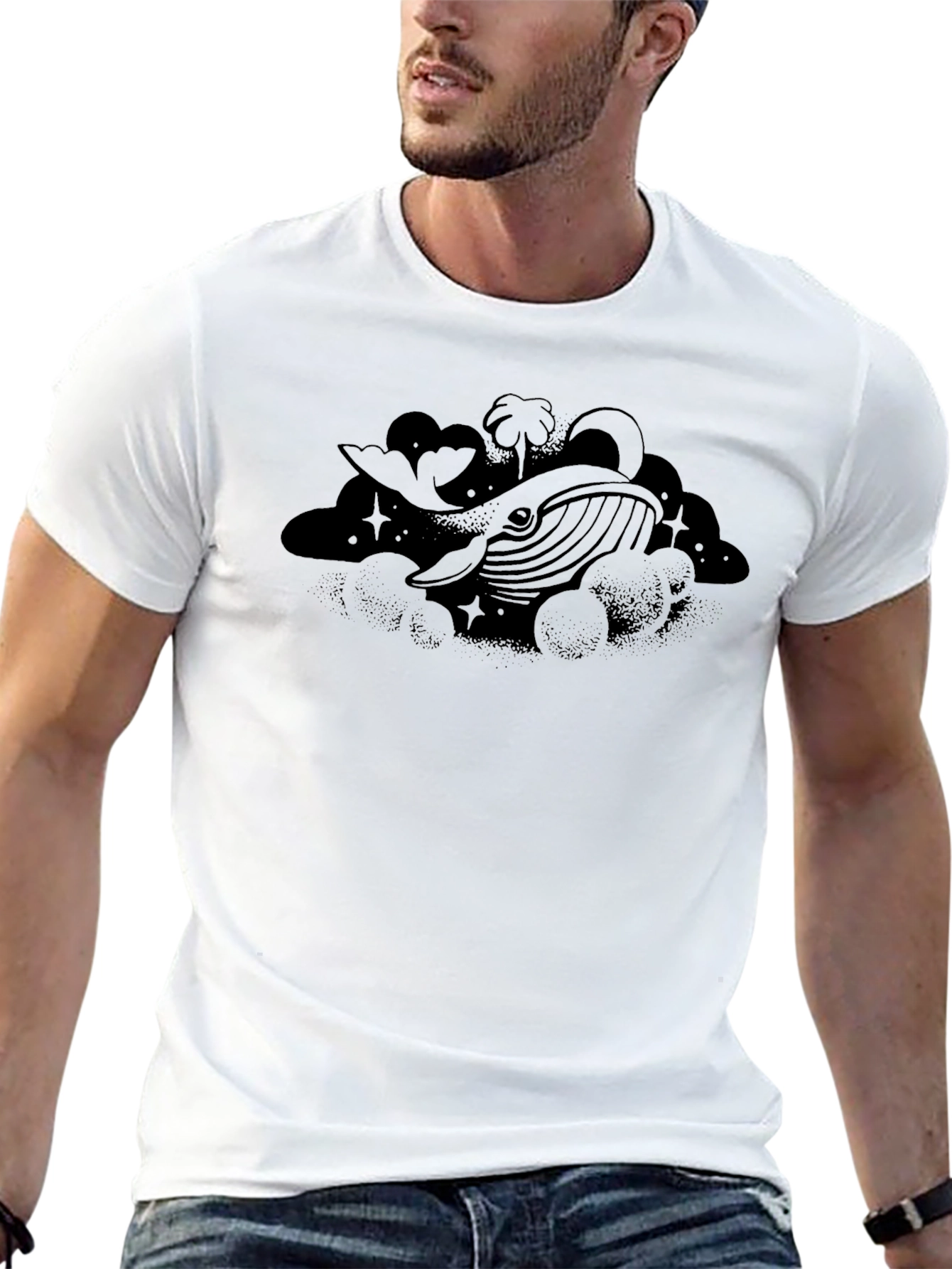 Whale in Clouds Graphic Tee - Black Cotton T-Shirt